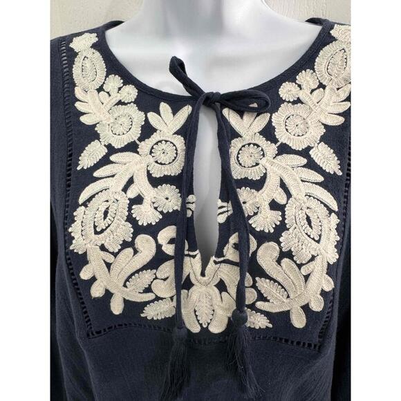 Lucky Brand Navy Blue Embroidered Tie Neck Tassel Bohemian Blouse‎ Womens Medium - Picture 2 of 8